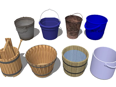 Various Types Of Metal Wooden Plastic Buckets With Different Colors And Designs 3d model