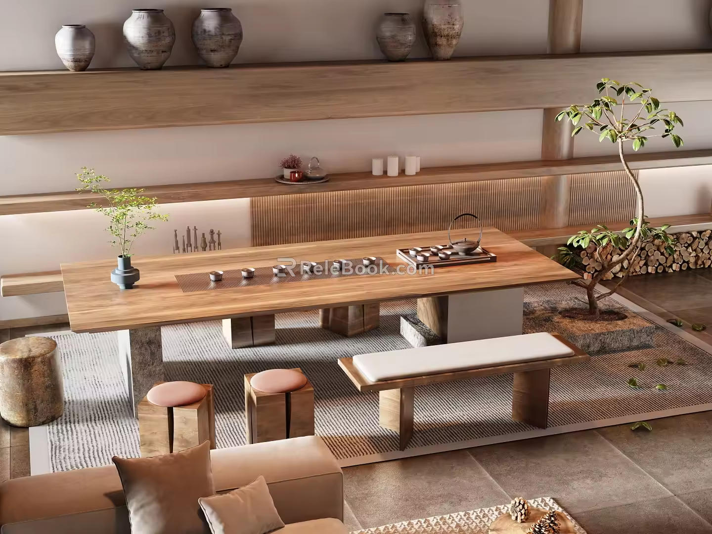 Tea Table and Chair Combination Tea Table Dining Table and Chair Desk and Chair Single Chair Tea Set Wooden Pier 3d model