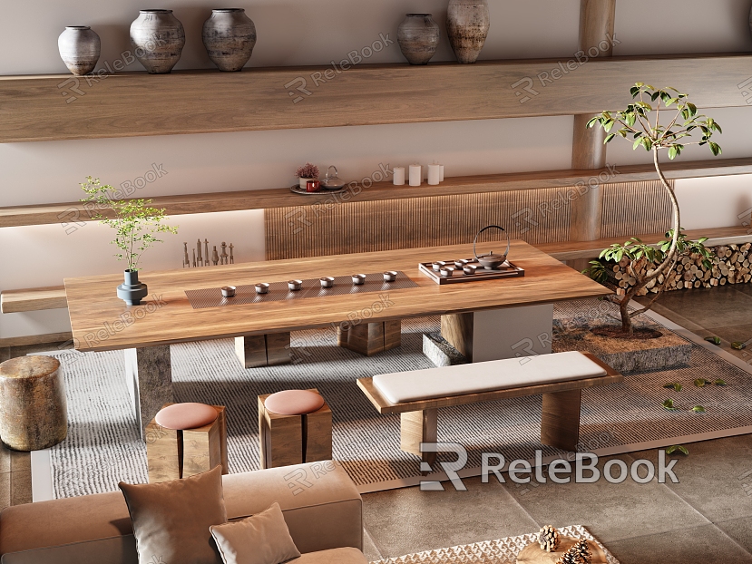 Tea Table and Chair Combination Tea Table Dining Table and Chair Desk and Chair Single Chair Tea Set Wooden Pier model