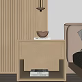 Minimalist Wooden Bedside Table With Woven Rattan Panel And Shelf Next To Bed