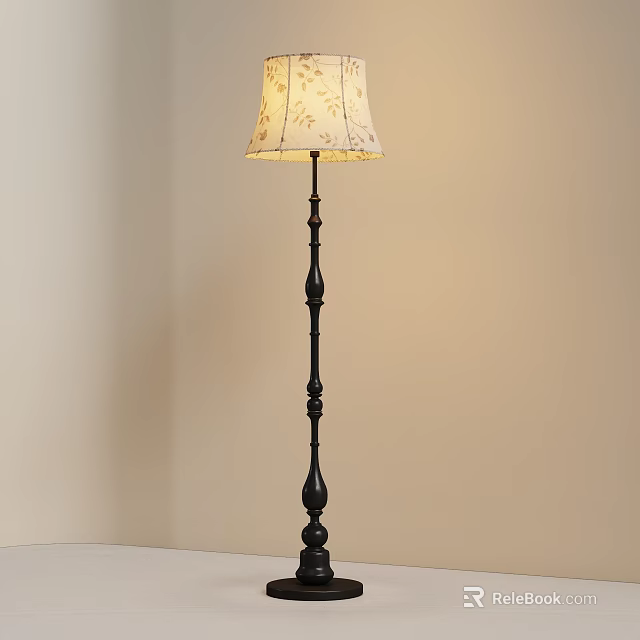 Classic Floor Lamp with Black Metal Stand and Cream Floral Fabric Shade for Living Room 3d model 