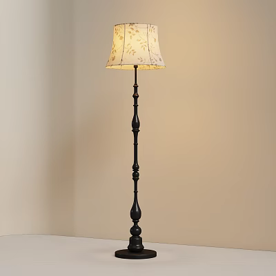 Classic Floor Lamp with Black Metal Stand and Cream Floral Fabric Shade for Living Room 3d model