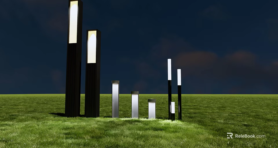 Outdoor Lights in Garden Lawn with Modern Design and Different Heights for Night Illumination 3d model 