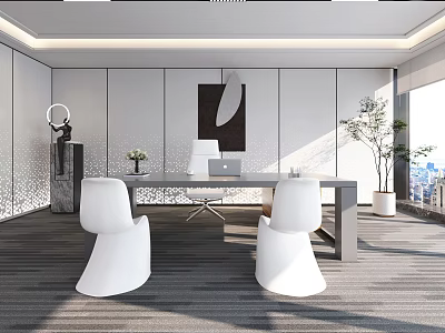 Modern Office Interior Design With Desk White Chairs Potted Plant Artwork And Floor To Ceiling Windows 3d model