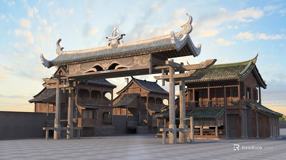 Traditional Ancient Architecture with Ornate Archway Carvings and Classic Wooden Roofs in Open Square Setting 3d model 