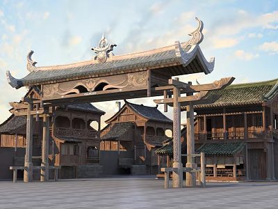 Traditional Ancient Architecture with Ornate Archway Carvings and Classic Wooden Roofs in Open Square Setting 3d model