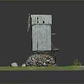 Miniature Scene with Gray Wooden Cabin Stone Base Ladder Green Grass and Small Tree