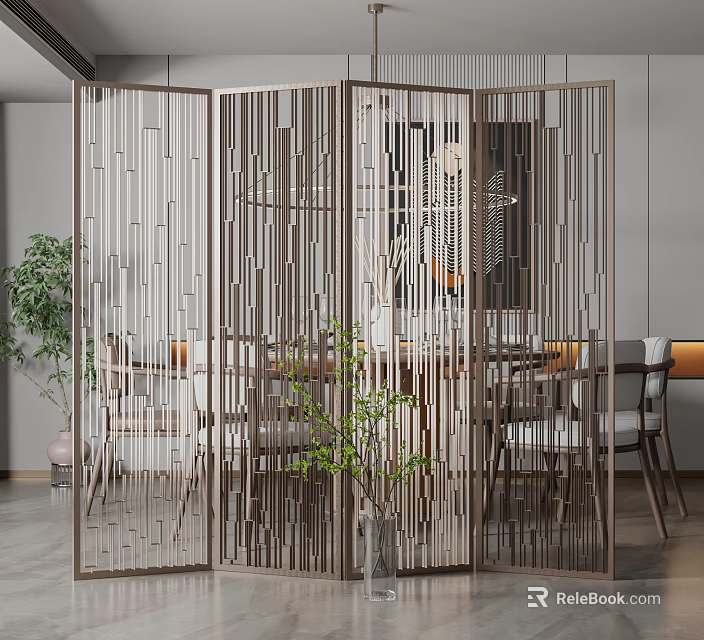 Modern Room Divider Screen With Vertical Slats For Dining Area Decoration 3d model