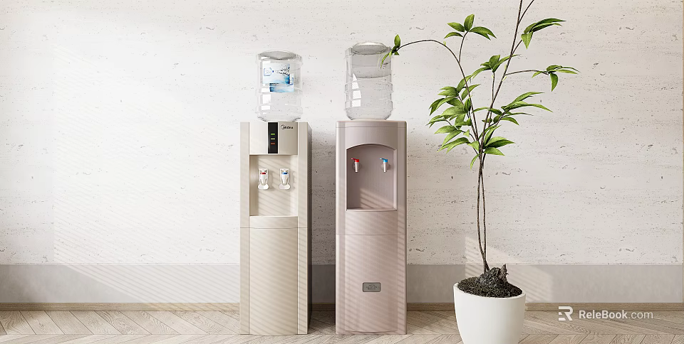 Stylish Two Home Water Dispensers For Daily Use With Green Plant In Indoor Setting 3d model 