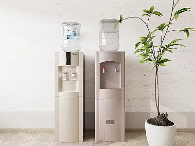 Stylish Two Home Water Dispensers For Daily Use With Green Plant In Indoor Setting 3d model