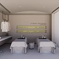Modern Beauty Salon Interior With Two Treatment Beds Hanging White Towels Mirror And Product Shelves