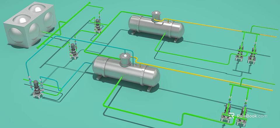 Industrial Equipment System Featuring Silver Storage Tanks Connected By Green Yellow Pipes 3d model 