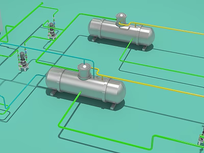 Industrial Equipment System Featuring Silver Storage Tanks Connected By Green Yellow Pipes 3d model