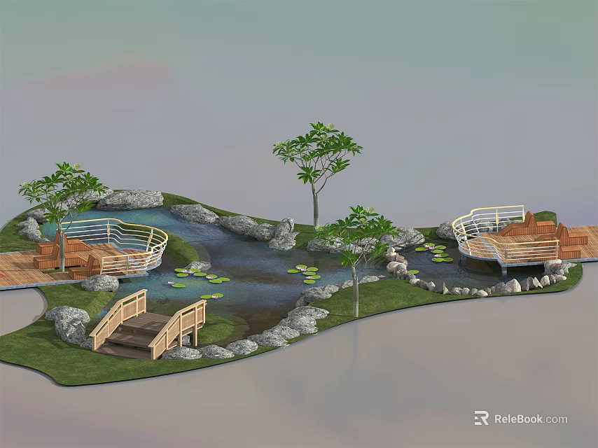 Tranquil Garden Landscape With Pond Wooden Bridge Trees Lily Pads And Stone Edging 3d model 