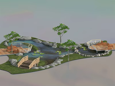 Tranquil Garden Landscape With Pond Wooden Bridge Trees Lily Pads And Stone Edging 3d model