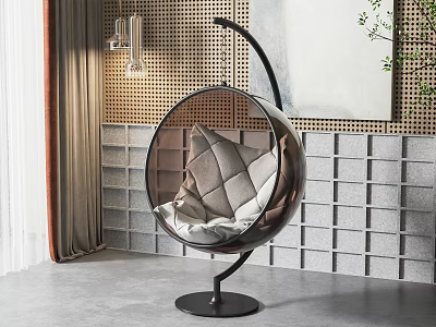 Modern Spherical Hanging Chair with Metal Frame and Gray Cushions in Indoor Setting 3d model