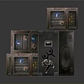 Stacked Vintage Wooden Crates With Labels And Black Speaker