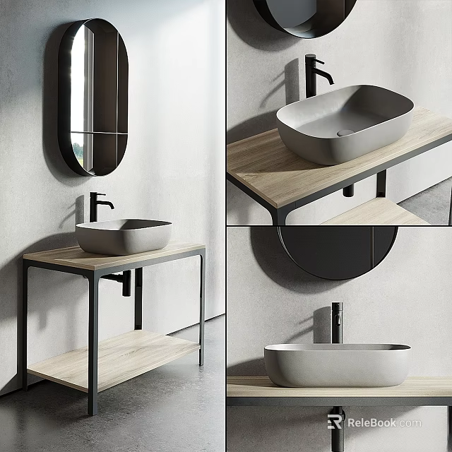 Modern Washbasin Vanity With Stone Basin Wooden Countertop Metal Frame And Oval Mirror 3d model 