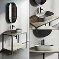 Modern Washbasin Vanity With Stone Basin Wooden Countertop Metal Frame And Oval Mirror