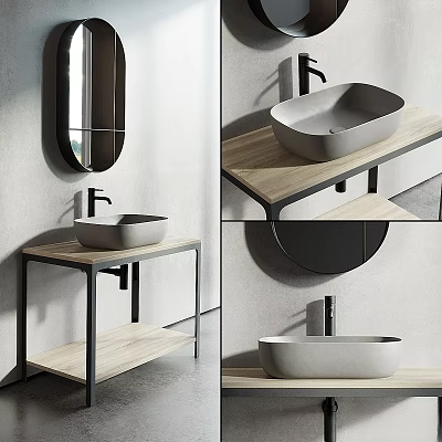 Modern Washbasin Vanity With Stone Basin Wooden Countertop Metal Frame And Oval Mirror 3d model