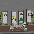 Outdoor Table With Wooden Frame String Lights Green Plants Camping Theme Chairs And Picnic Items 3d model