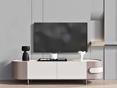 Modern Minimalist TV Stand With White Light Brown Striped Front Black Vase And Decorative Branches 3d model