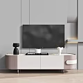 Modern Minimalist TV Stand With White Light Brown Striped Front Black Vase And Decorative Branches