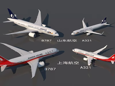 Shandong Airlines and Shanghai Airlines Boeing 787 Airbus A321 Passenger Airliners on 3d model