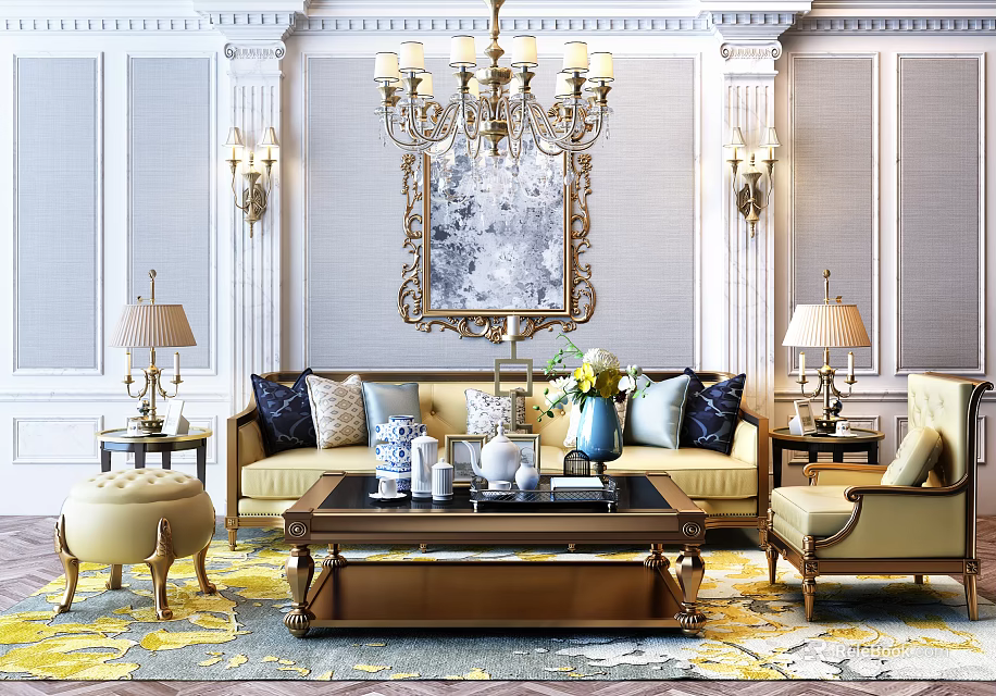 Luxurious Sofa And Coffee Table Set With Chandelier Decorative Painting Table Lamps In Living Room 3d model 