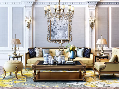 Luxurious Sofa And Coffee Table Set With Chandelier Decorative Painting Table Lamps In Living Room 3d model