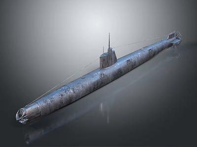 3D Rendered Silver Metallic Submarine With Long Streamlined Body Conning Tower And Antenna 3d model