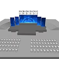 Tech Inspired Stage Setup With Blue Screens Lighting And Arranged Chairs Design 3d model