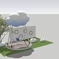 Outdoor Cloud Shaped Playground Swing With Circular Holes And Tree Decorations 3d model