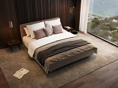 Double Bed with White Gray Bedding Dark Wooden Wall Table Lamp and Sea View 3d model
