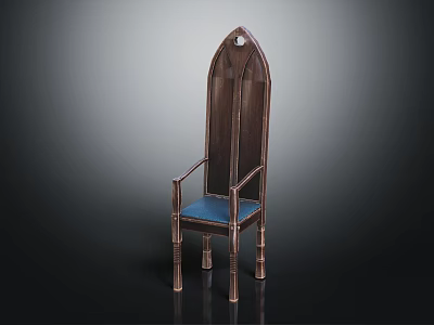 Traditional Wooden Chair Featuring High Pointed Back Armrests Blue Padded Seat And Slender Legs 3d model