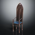 Traditional Wooden Chair Featuring High Pointed Back Armrests Blue Padded Seat And Slender Legs