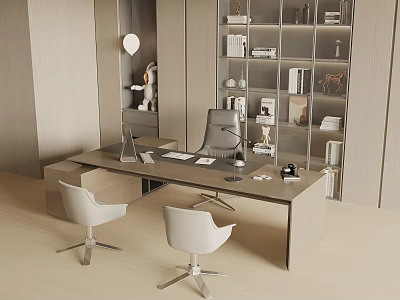 Modern Office Interior With Wooden Desk White Chairs And Glass Bookshelf 3d model