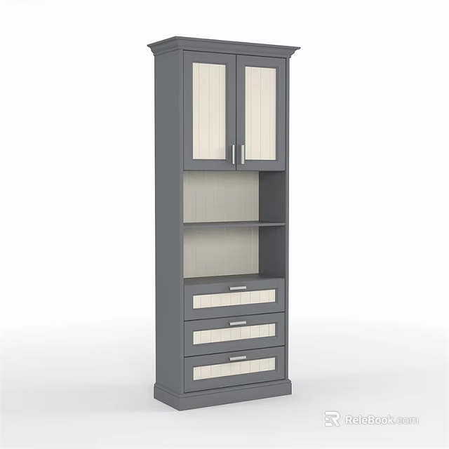 Stylish Gray Tall Storage Cabinet with Double Doors Open Shelf and Three Drawers 3d model 