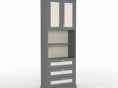 Stylish Gray Tall Storage Cabinet with Double Doors Open Shelf and Three Drawers 3d model