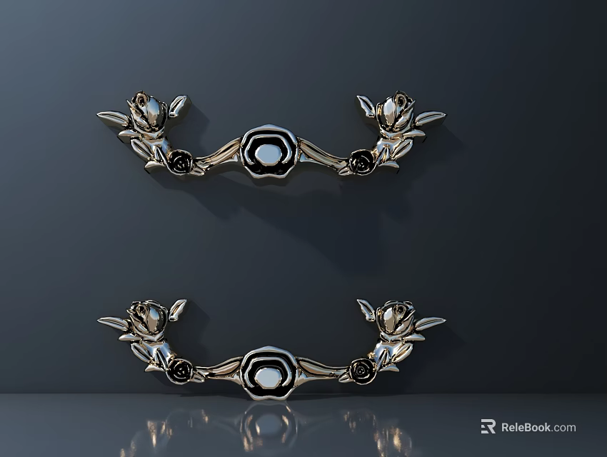 Ornate Metallic Door Handles With Floral Design And Black Center Accents 3d model 