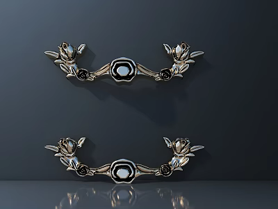 Ornate Metallic Door Handles With Floral Design And Black Center Accents 3d model