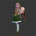 Anime Female Character With Purple Long Hair Holding White Ghost Companion In Black Red Dress
