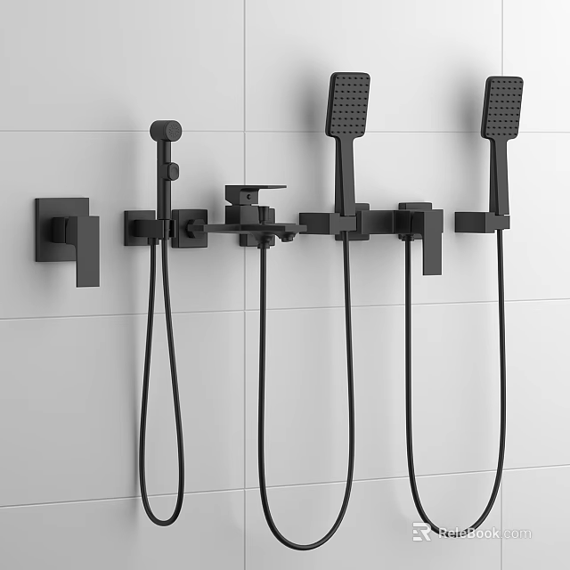 Black Shower Faucet System Mounted On White Tiled Wall With Multiple Spray Heads And Controls 3d model 