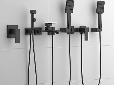 Black Shower Faucet System Mounted On White Tiled Wall With Multiple Spray Heads And Controls 3d model