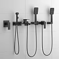 Black Shower Faucet System Mounted On White Tiled Wall With Multiple Spray Heads And Controls