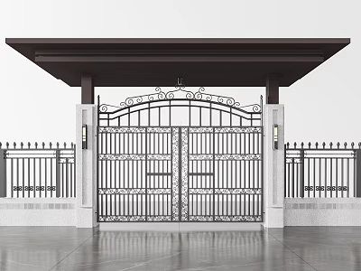 Elegant Wrought Iron Gate Entrance With Brown Canopy White Pillars And Black Railings 3d model