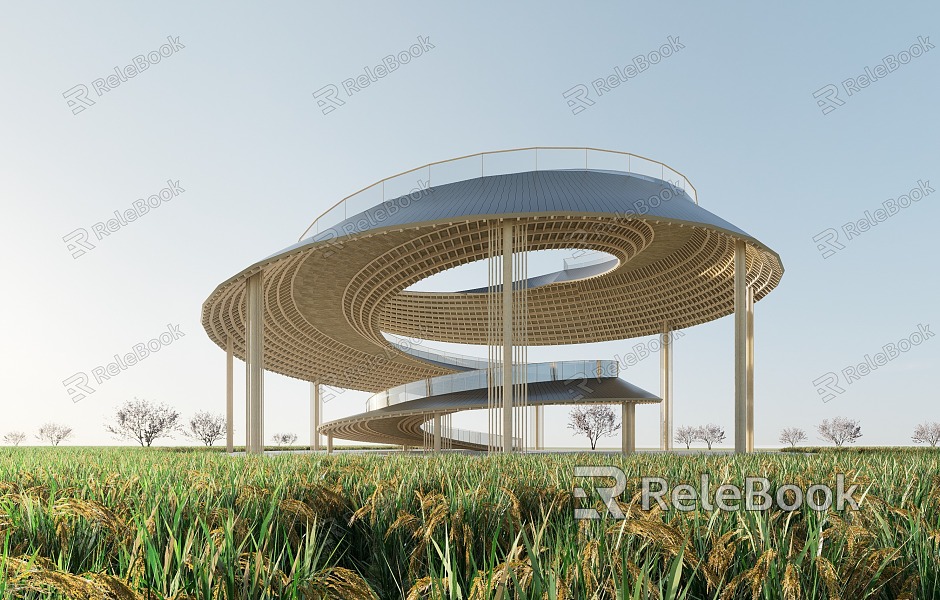 New Chinese-style Viewing Platform Corridor Landscape Platform Curve Landscape Structure Curve Slope Roof Landscape Pavilion Catering Architecture Rice Field Post Station model