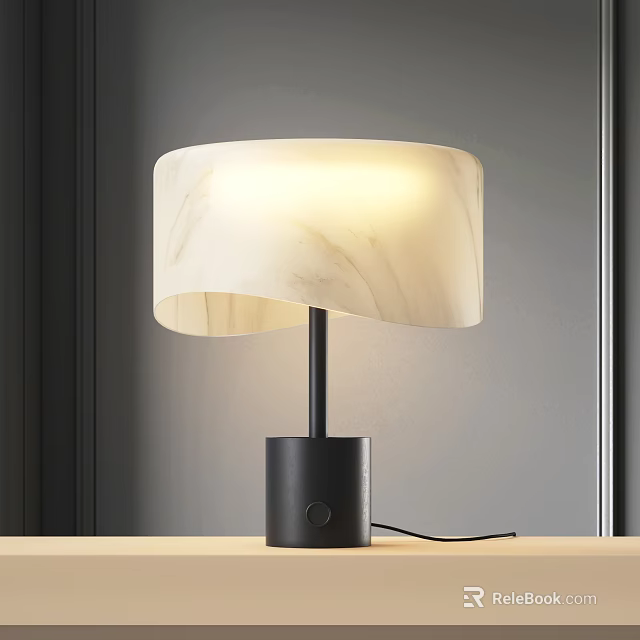 Modern Table Lamp With White Marble Texture Shade And Black Base On Wooden Table 3d model 