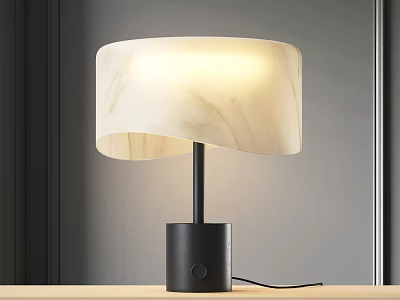 Modern Table Lamp With White Marble Texture Shade And Black Base On Wooden Table 3d model