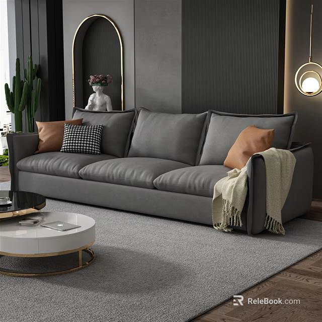 Modern Gray Sectional Sofa With Accent Pillows Throw Blanket And Coffee Table 3d model